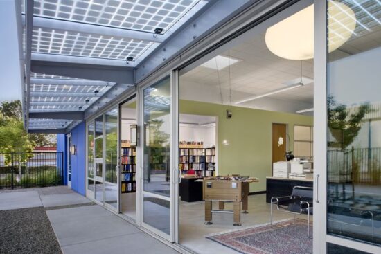 IDeAs Z2 Design Facility South Elevation with Sliding Glass Doors and Solar PV Shades. San Jose, California. (Photo by David Wakely)