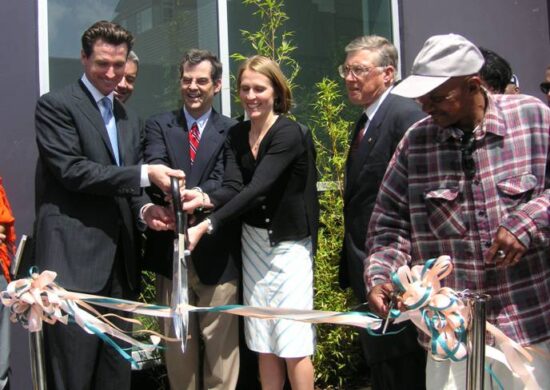 San Francisco Mayor Gavin Newsom, CHC President James Buckley and Project Manager Deva Dawson at Folsom Dore Apartments Grand Opening. San Francisco, California. (Photo courtesy CHC)
