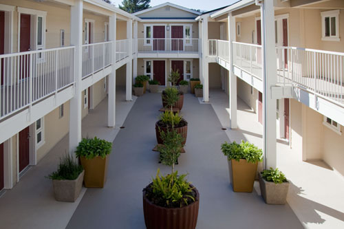 Senior building courtyard at the Fireside Apartments. Marin, California. (Photo by Oliver Shay)