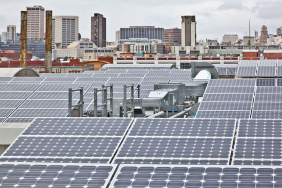 Rooftop View of 130 kW Solar Photovoltaic System at Mosaica. San Francisco, California. (Photo by Oliver Shay)