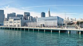 A rendering of the Exploratorium’s future new home at Pier 15 located between the Embarcadero and the San Francisco Bay.  This waterfront view looks at the new Observatory Building adjacent to the renovated Pier 15 building with the San Francisco skyline in the background.  (Image courtesy EHDD Architecture)