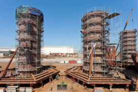 At a shipyard near Lisbon, Portugal is the fabrication of the three-column platform that makes up the floating support structure of the WindFloat.  (Photo courtesy Principle Power Inc.)