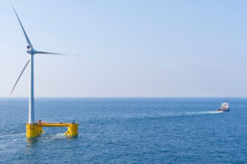 The first full-scale prototype of WindFloat, a revolutionary floating support structure for offshore wind turbines, being towed off the coast of Aguçadoura, Portugal.  (Photo courtesy Principle Power Inc.)