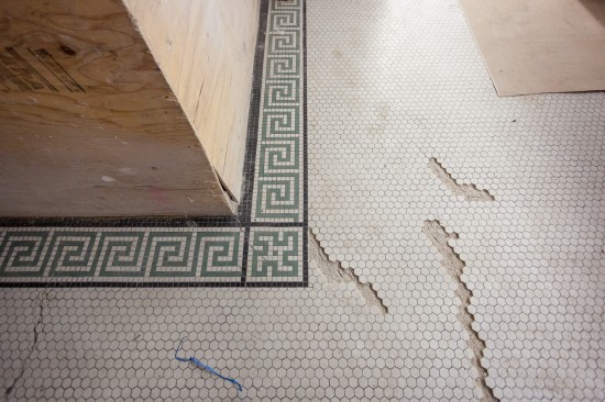 Original ceramic flooring tiles were to be cleaned up and new matching tiles were to be installed where there were missing patches. (Photo by Oliver Shay)