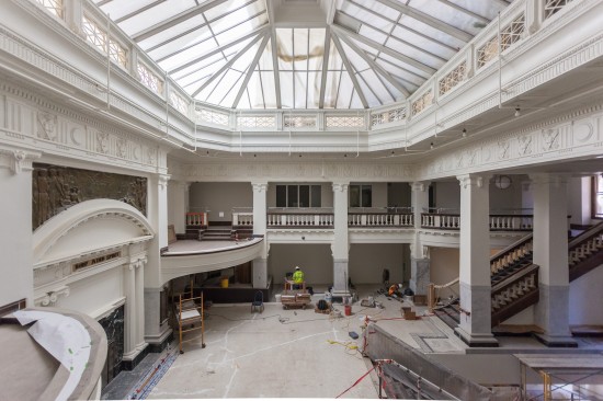 Kelly Cullen Community’s two-story lobby underwent restoration that involved the coordination of many trades. (Photo by Oliver Shay)