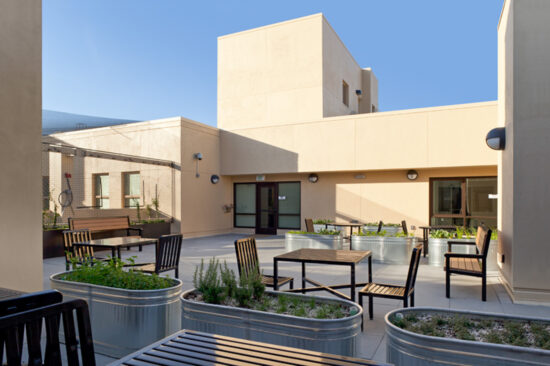 The rooftop terrace at Kelly Cullen Community includes a vegetable and herb garden. (Photo by Mark Luthringer)